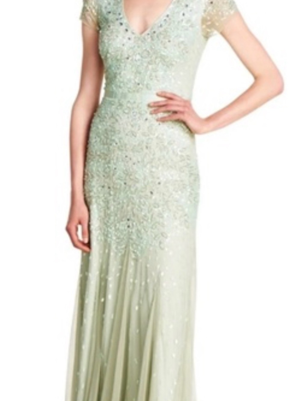 Adrianna Papell Pale sage Beaded V-Neck Long Sleeve Gown